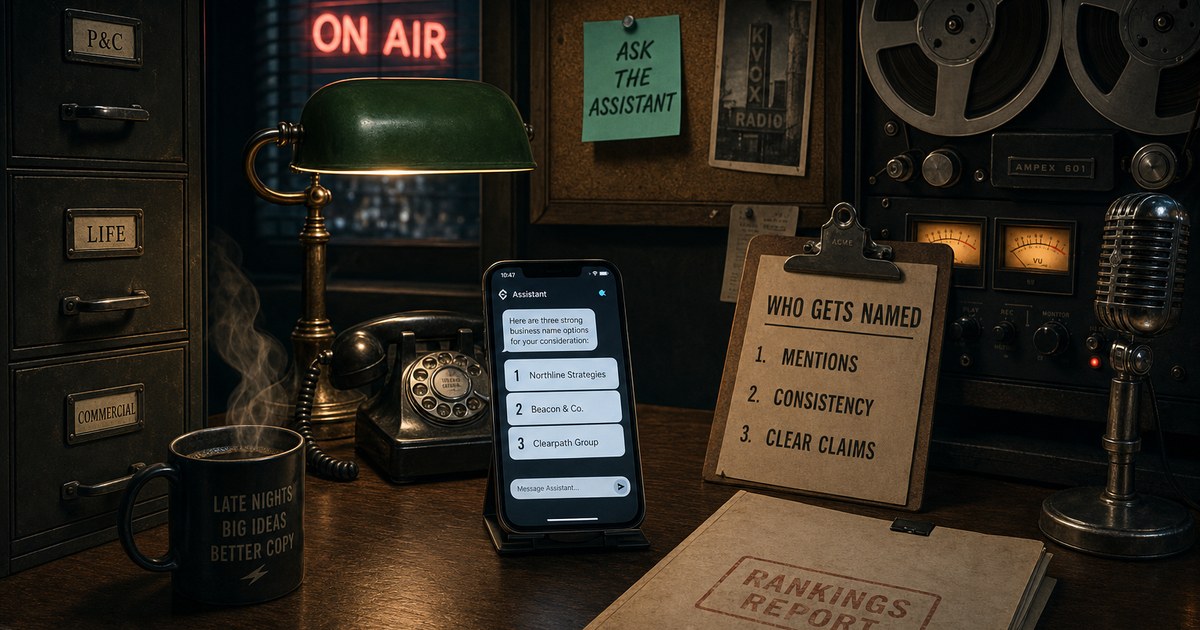 Dark film-noir studio desk with a lit red On Air sign, a phone screen listing three business names, and a printed rankings report lying face down.