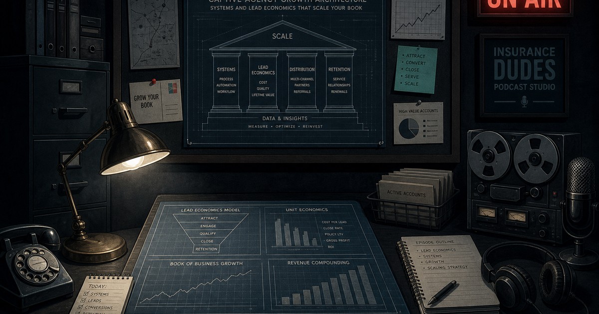 Dark film-noir studio scene with blueprints, lead cards, and a data dashboard spread across a desk under moody lighting with a lit red On Air sign