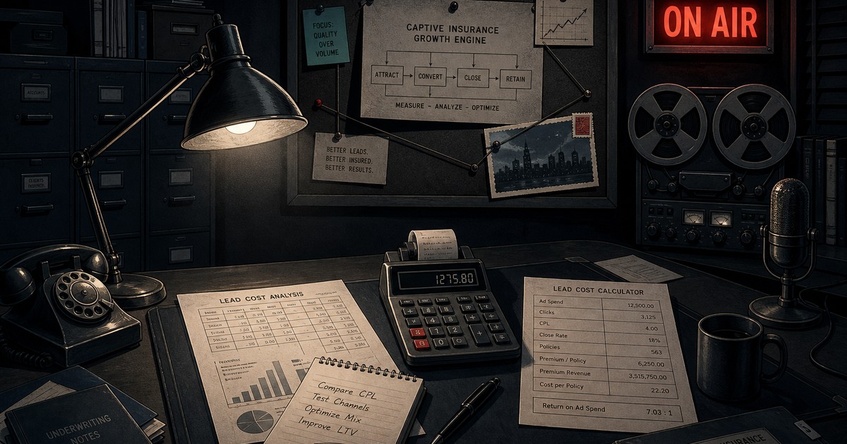 Dark studio scene with lit red On Air sign, calculator and lead cards spread across a desk under moody film-noir lighting