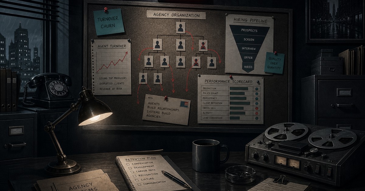 Editorial studio scene with dark film-noir lighting, an agency org chart pinned to a cork board with red lines indicating turnover churn, a hiring pipeline funnel on the desk, and a performance scorecard under a glowing On Air sign.