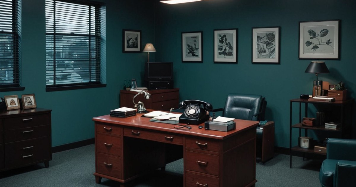 Dark noir studio scene with a red On Air sign and trust and credibility markers on a bulletin board, no human faces.