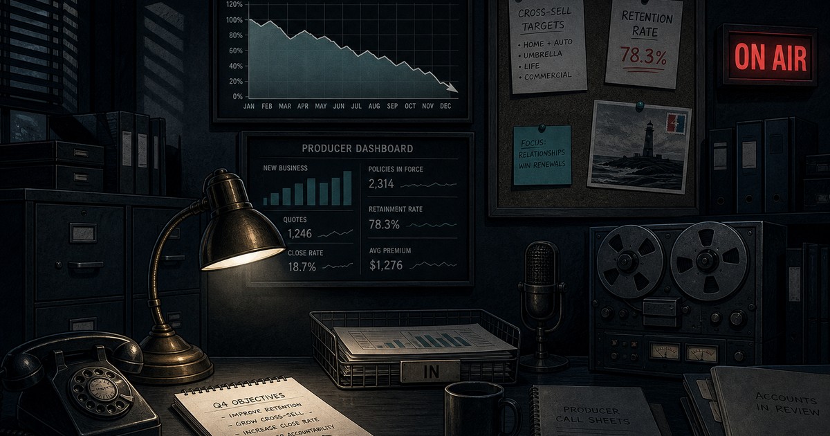 Dark film-noir editorial studio scene with lit red On Air sign. A dashboard showing declining organic growth trend lines on a monitor, with a growth strategy whiteboard behind it. No human faces visible.