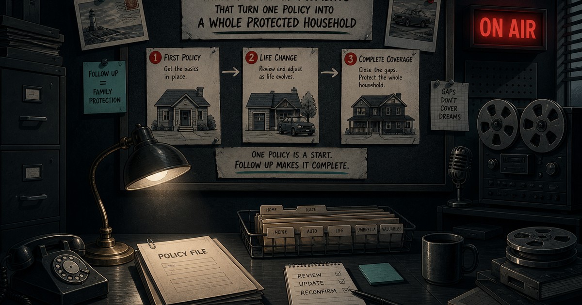 Editorial studio scene with dark film-noir lighting, a cork board showing three follow-up cards labeled 48 Hours, One Week, and 45 Days, and a lit red On Air sign.